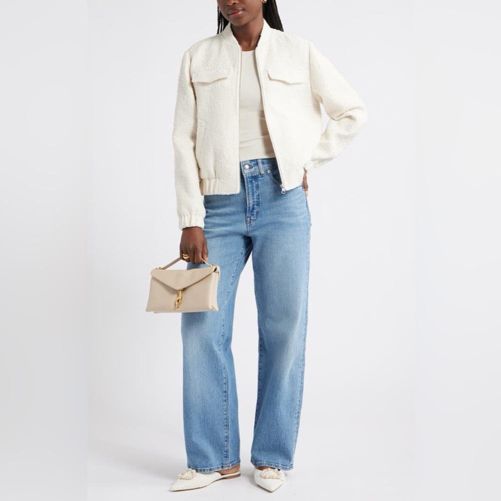Nordstrom Caslon Women's White Bouclé Bomber Jacket M